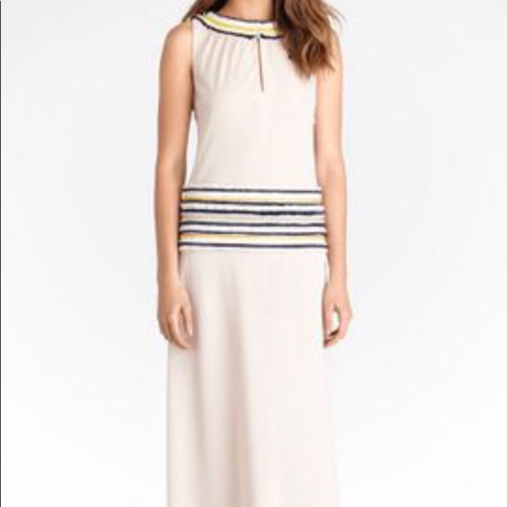 Tory Burch Dress Womens Sz L Cream Jersey Beaded Daria Sleeveless Midi Eclectic